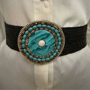 Black paper waistband belt with circle faux turquoise accents